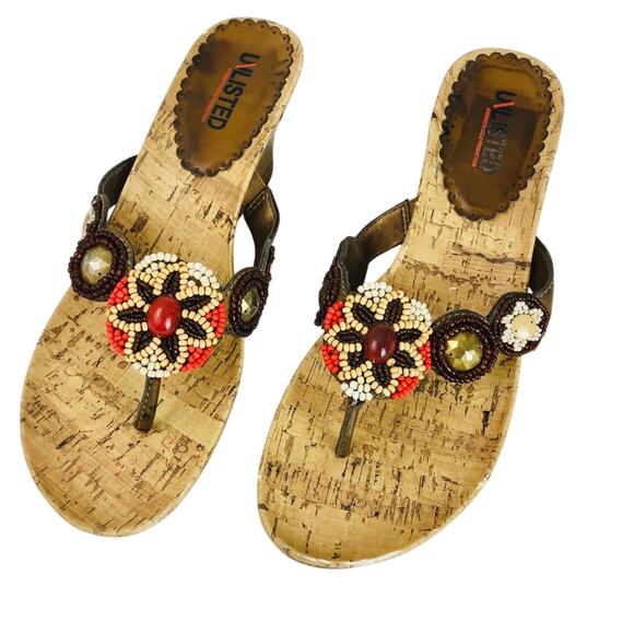 Unlisted Orange Brown Tan beaded Top with Bling cork sandals 7.5M 3 inch wedge - Picture 16 of 16